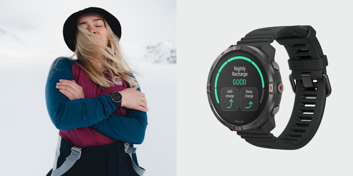 Po lewej stronie osoba w zimowym ubraniu z zegarkiem na nadgarstku, w tle śnieżny krajobraz. Po prawej stronie zegarek sportowy z wyświetlaczem pokazującym \'Nightly Recharge GOOD\'.