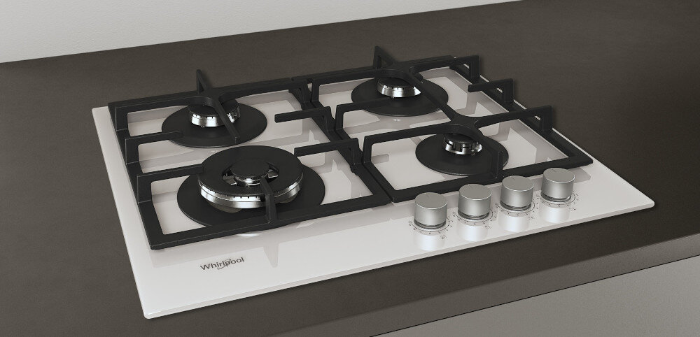 Na obrazie widoczna jest biała płyta gazowa z czterema palnikami i żeliwnymi rusztami. Na płycie znajduje się logo \'Whirlpool\' oraz cztery pokrętła do regulacji gazu.