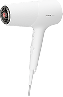 Biała suszarka do włosów z widocznym logo PHILIPS, posiada trzy przyciski na uchwycie. Wylot powietrza ma czarne i czerwone elementy.