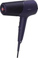 Na obrazie widoczna jest suszarka do włosów w kolorze ciemnofioletowym z logo \'PHILIPS\' na obudowie. Suszarka ma ergonomiczny kształt z kilkoma przyciskami na uchwycie.
