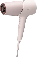 Suszarka do włosów w kolorze jasnoróżowym z widocznym logo PHILIPS. Posiada kilka przycisków na uchwycie i okrągły wylot powietrza.