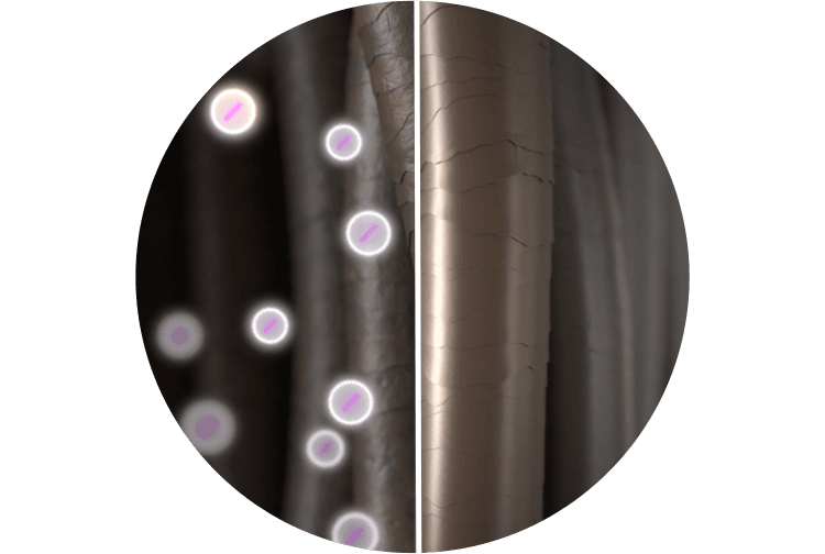 Obraz przedstawia zbliżenie na włosy z efektem działania jonów, po lewej stronie widoczne są białe i fioletowe kropki symbolizujące jony. Po prawej stronie włosy są gładkie i lśniące.