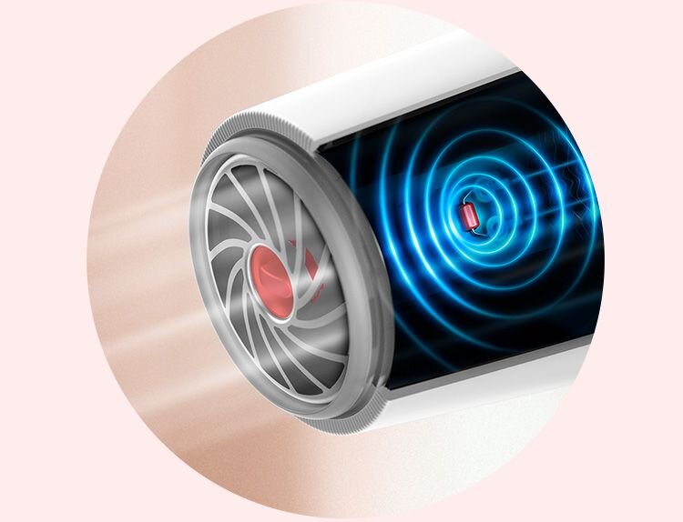 Obraz przedstawia suszarkę do włosów z widocznym elementem wentylatora i efektem fal dźwiękowych w kolorze niebieskim. W centrum wentylatora znajduje się czerwony element.