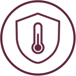 Ikona przedstawia bordowy symbol tarczy z termometrem w środku, otoczony okręgiem.