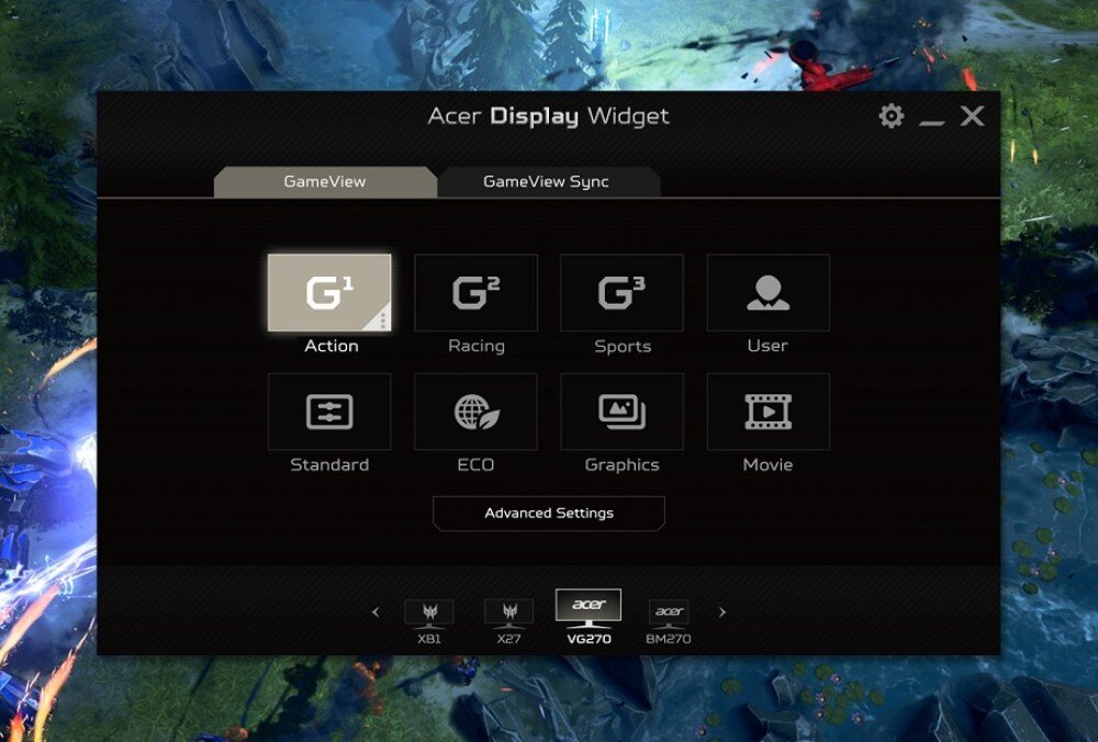 Monitor ACER KA242YP6BIP Zrzut ekranu przedstawiający interfejs oprogramowania 'Acer Display Widget' z widocznymi opcjami 'GameView' i różnymi trybami wyświetlania obrazu