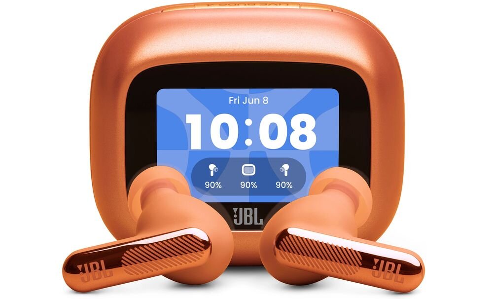 Słuchawki dokanałowe JBL Live Beam 4 ANC True Adaptive Noise Cancelling 2.0 Smart Talk Ambient Sound, słuchawki z etui na białym tle