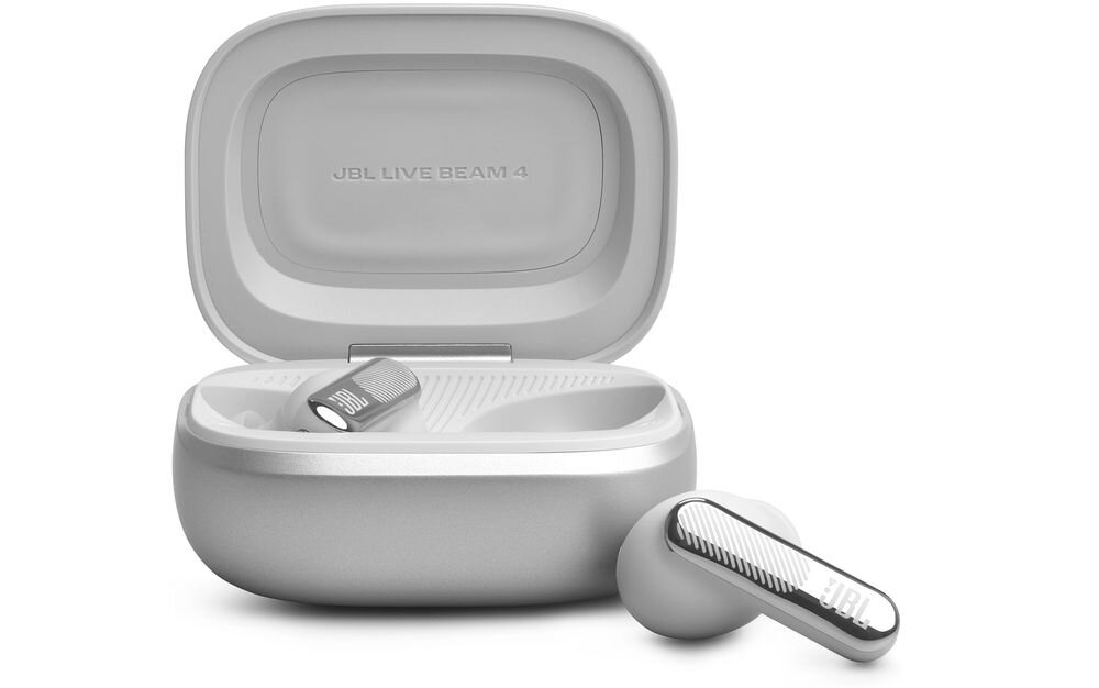 Słuchawki dokanałowe JBL Live Beam 4 ANC 48 godzin pracy ładowanie Qi USB-C, słuchawki z etui na białym tle