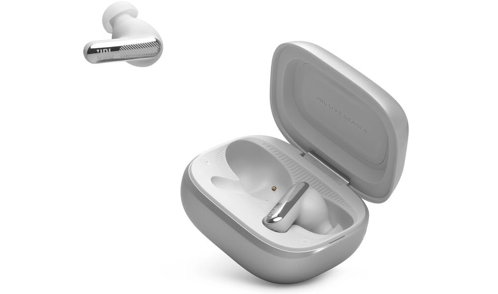 Słuchawki dokanałowe JBL Live Beam 4 ANC Bluetooth LE Audio Auracast streaming, słuchawki z etui na białym tle