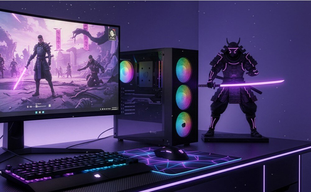 Obudowa FURY Shobo SH8F NFO-2402 Stanowisko gamingowe w pokoju o fioletowym oświetleniu z monitorem wyświetlającym grę, podświetlaną obudową komputera ze świecącymi na kolorowo wentylatorami, klawiaturą, myszką i dużą figurką samuraja trzymającego fioletowy miecz świetlny, opis