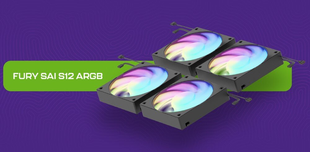 Obudowa FURY Shobo SH8F NFO-2402 Cztery czarne wentylatory z podświetleniem RGB z efektem tęczy ułożone w grupie na fioletowym tle z zielonym paskiem, wentylatory, podświetlenie, żywotność