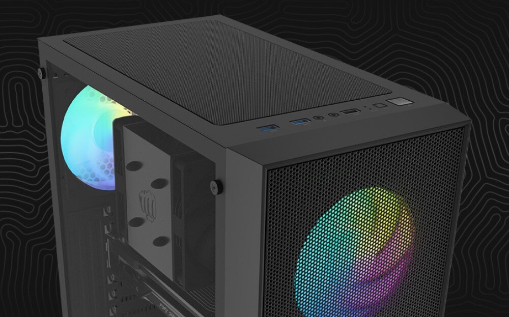 Obudowa FURY Shobo SH8F NFO-2402 Widok z góry na czarną obudowę komputerową pokazujący panel z portami i przyciskami oraz górny filtr siatkowy, z widocznym boczny wentylatorem z podświetleniem RGB, kompatybilność, podzespoły