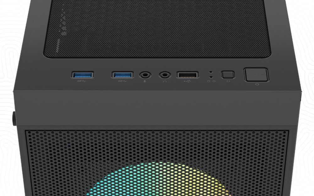Obudowa FURY Shobo SH8F NFO-2402 Zbliżenie na panel górny czarnej obudowy komputerowej z portami USB, gniazdami audio i przyciskami zasilania oraz resetowania na jasnym tle, porty, filtry przeciwkurzowe