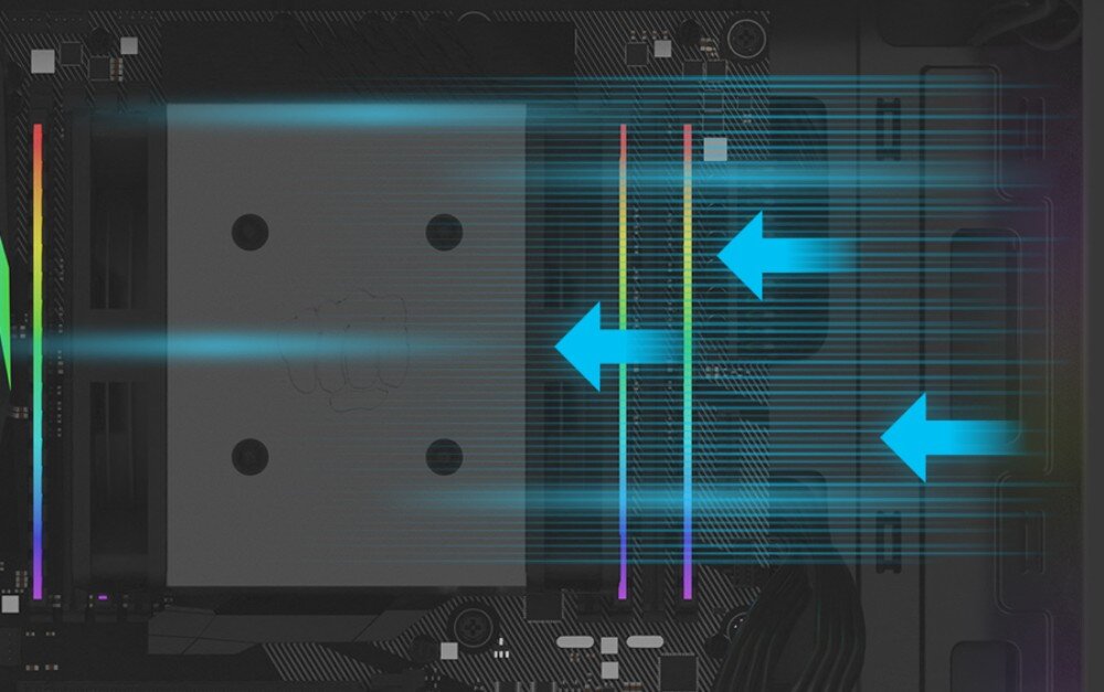 Wentylator FURY SAI S12 ARGB Zbliżenie na wnętrze komputera, pokazujące wentylator z podświetleniem RGB zamontowany na radiatorze. Strzałki wskazują kierunek przepływu powietrza przez radiator i wentylator. Widoczne również pamięci RAM z podświetleniem RGB