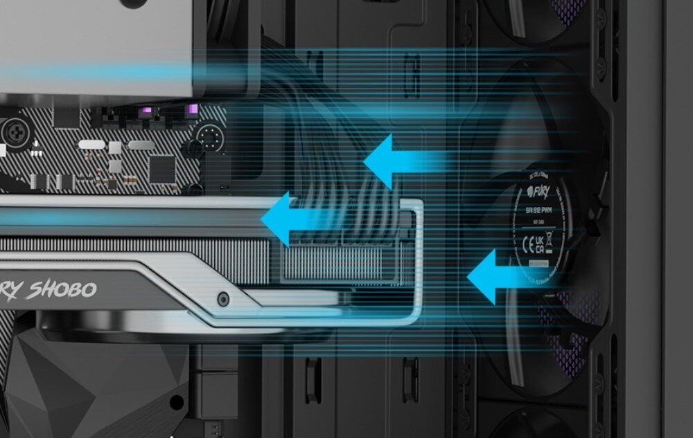 Wentylator FURY SAI S12 Zbliżenie na wnętrze komputera z niebieskimi strzałkami ilustrującymi przepływ powietrza od przednich wentylatorów w stronę karty graficznej i procesora
