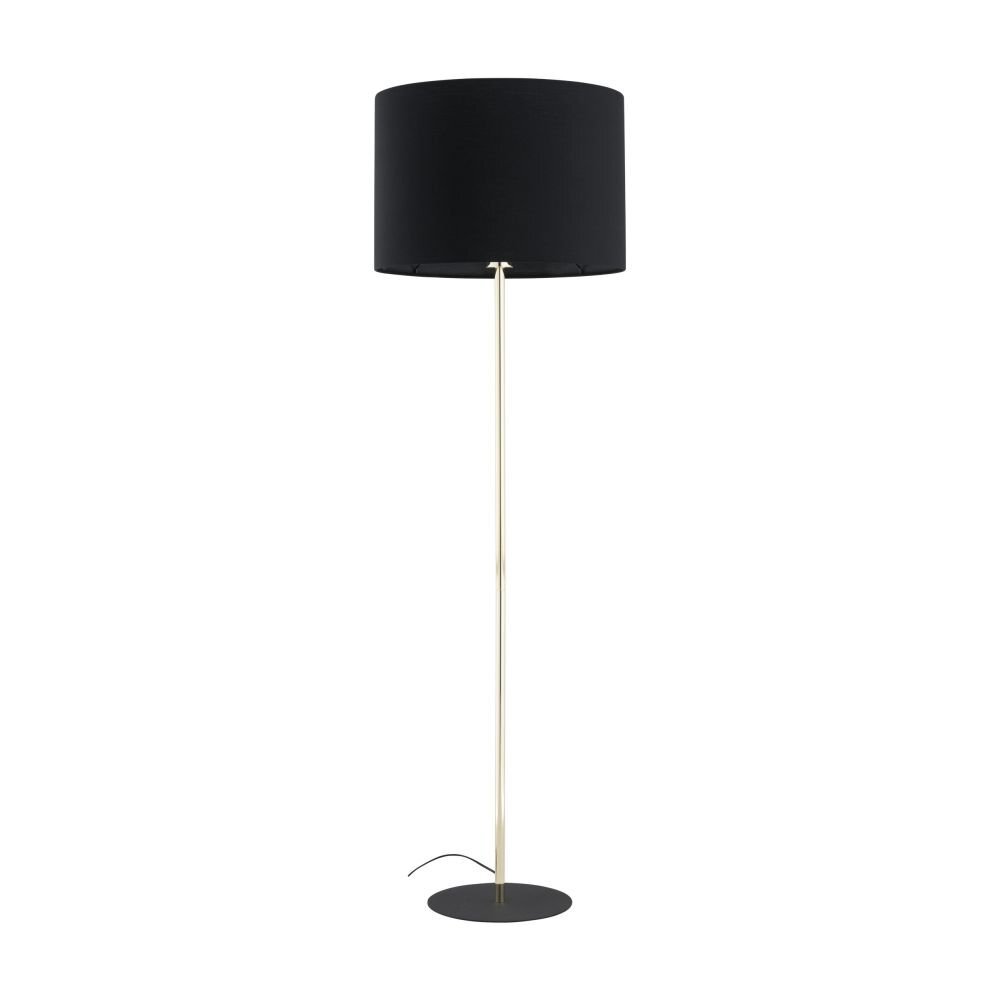 Czarna lampa podłogowa z cylindrycznym abażurem i złotym stojakiem, umieszczona na okrągłej podstawie. Kabel zasilający widoczny przy podstawie.