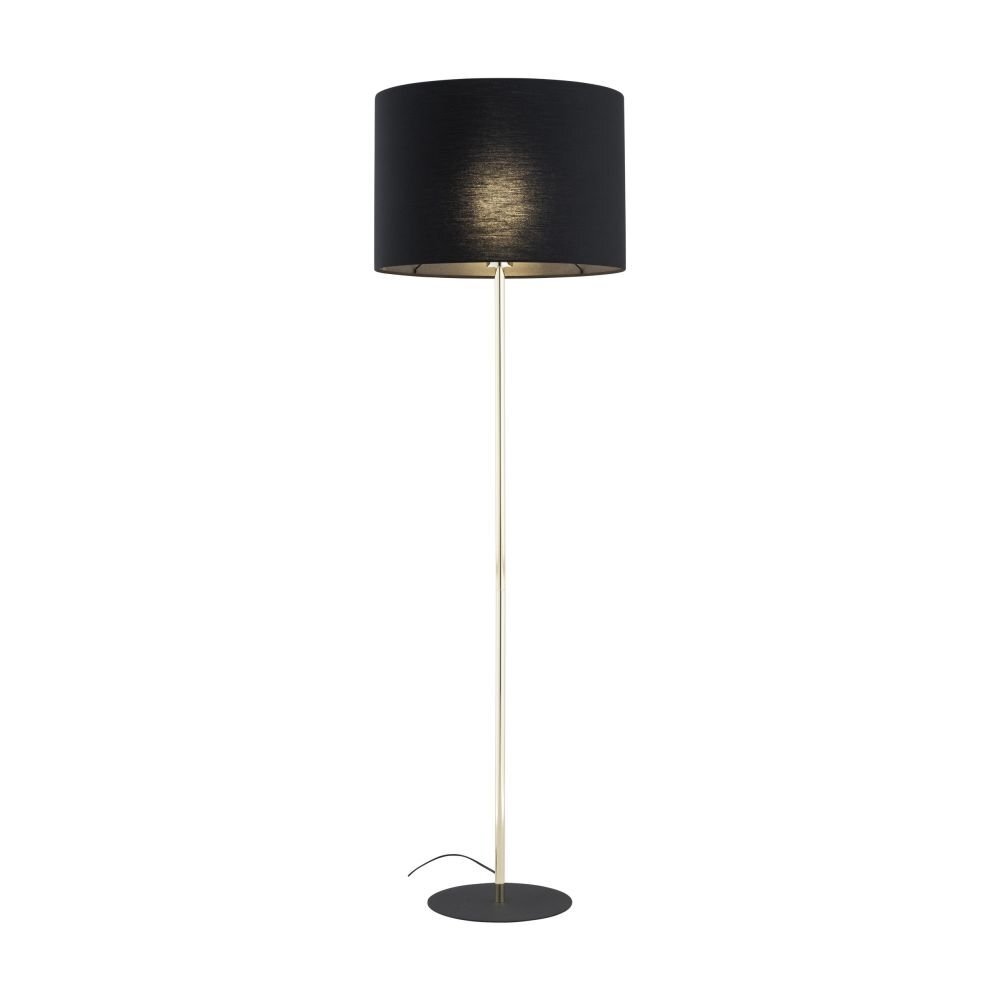 Czarna lampa podłogowa z cylindrycznym abażurem i złotym stelażem, stojąca na okrągłej podstawie. Kabel zasilający widoczny przy podstawie.