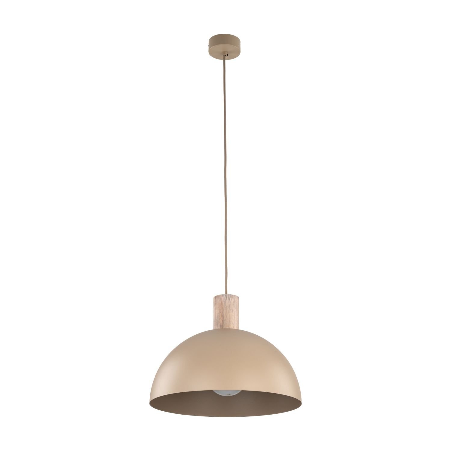 Beżowa, metalowa lampa wisząca z półkulistym kloszem i drewnianym elementem przy zawieszeniu. Lampa jest zawieszona na długim przewodzie, zakończonym okrągłą podsufitką.