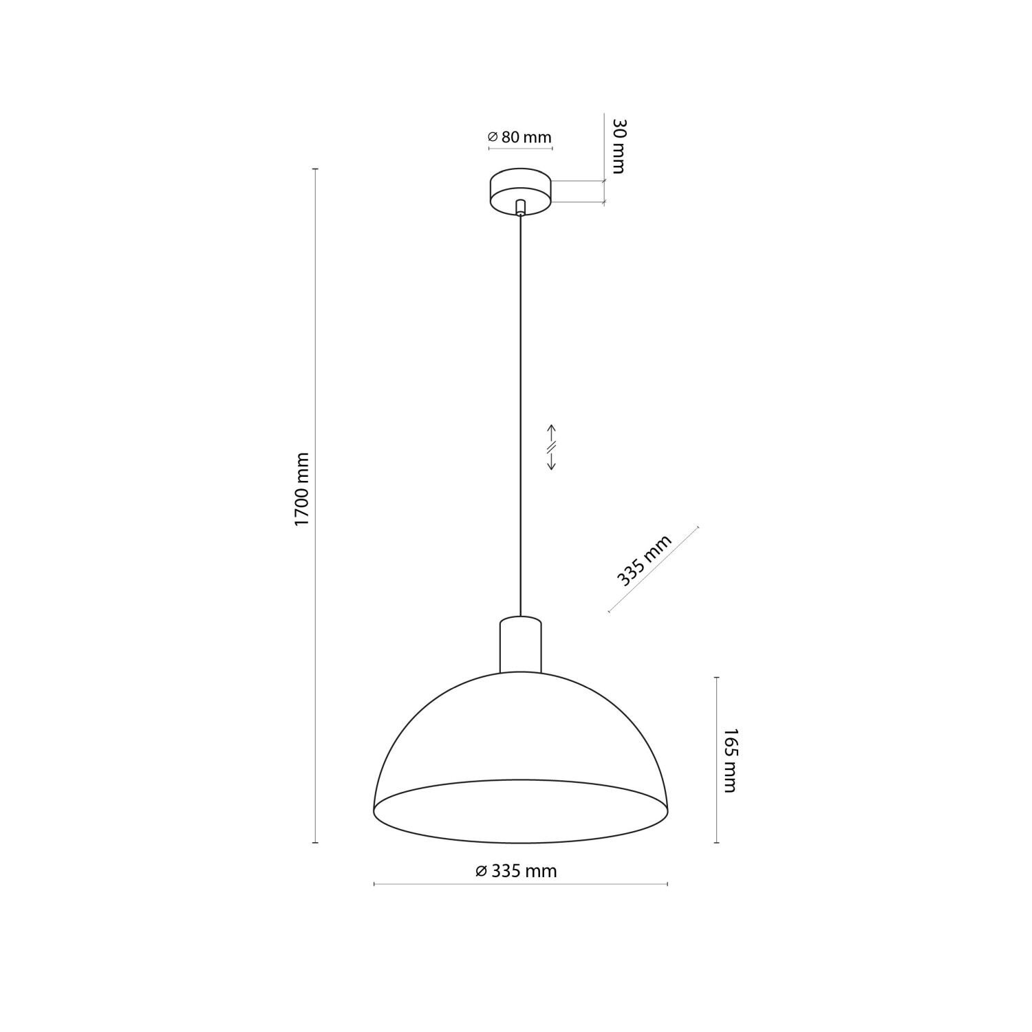 Schematyczny rysunek lampy wiszącej z wymiarami: wysokość całkowita 1700 mm, średnica klosza 335 mm, wysokość klosza 165 mm. Widoczne są również wymiary elementów montażowych: średnica 80 mm, wysokość 30 mm.