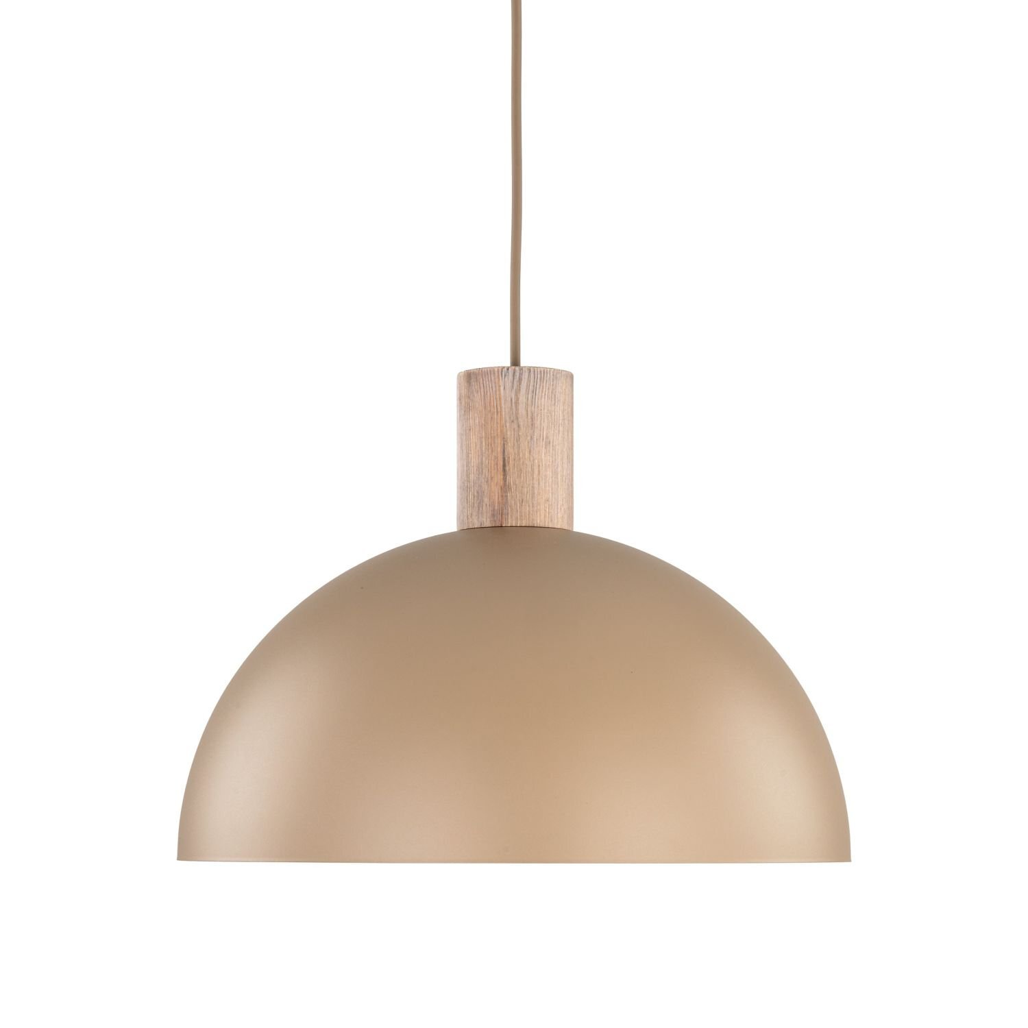 Beżowa, metalowa lampa wisząca o półkulistym kształcie z drewnianym elementem na górze. Lampa posiada przewód umożliwiający regulację wysokości.