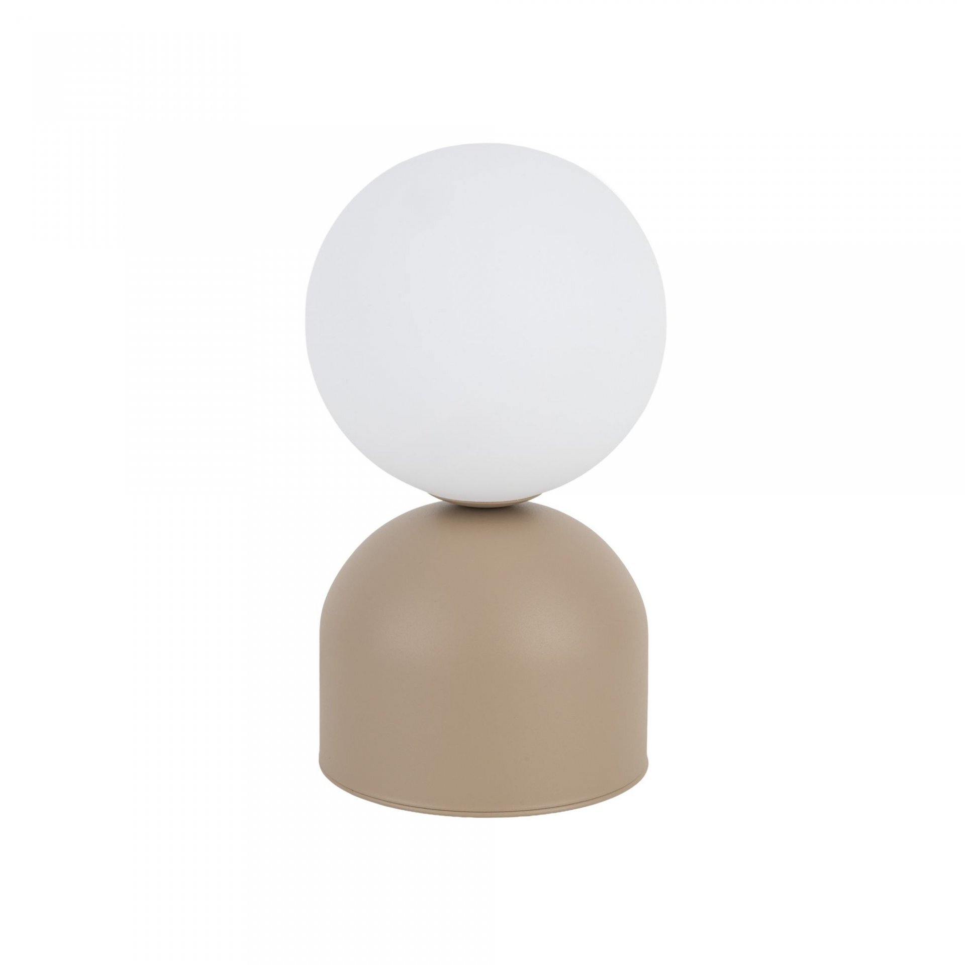 Na obrazie widoczna jest lampka nocna z białym, kulistym kloszem i beżową, cylindryczną podstawą. Lampka ma prosty, nowoczesny design.