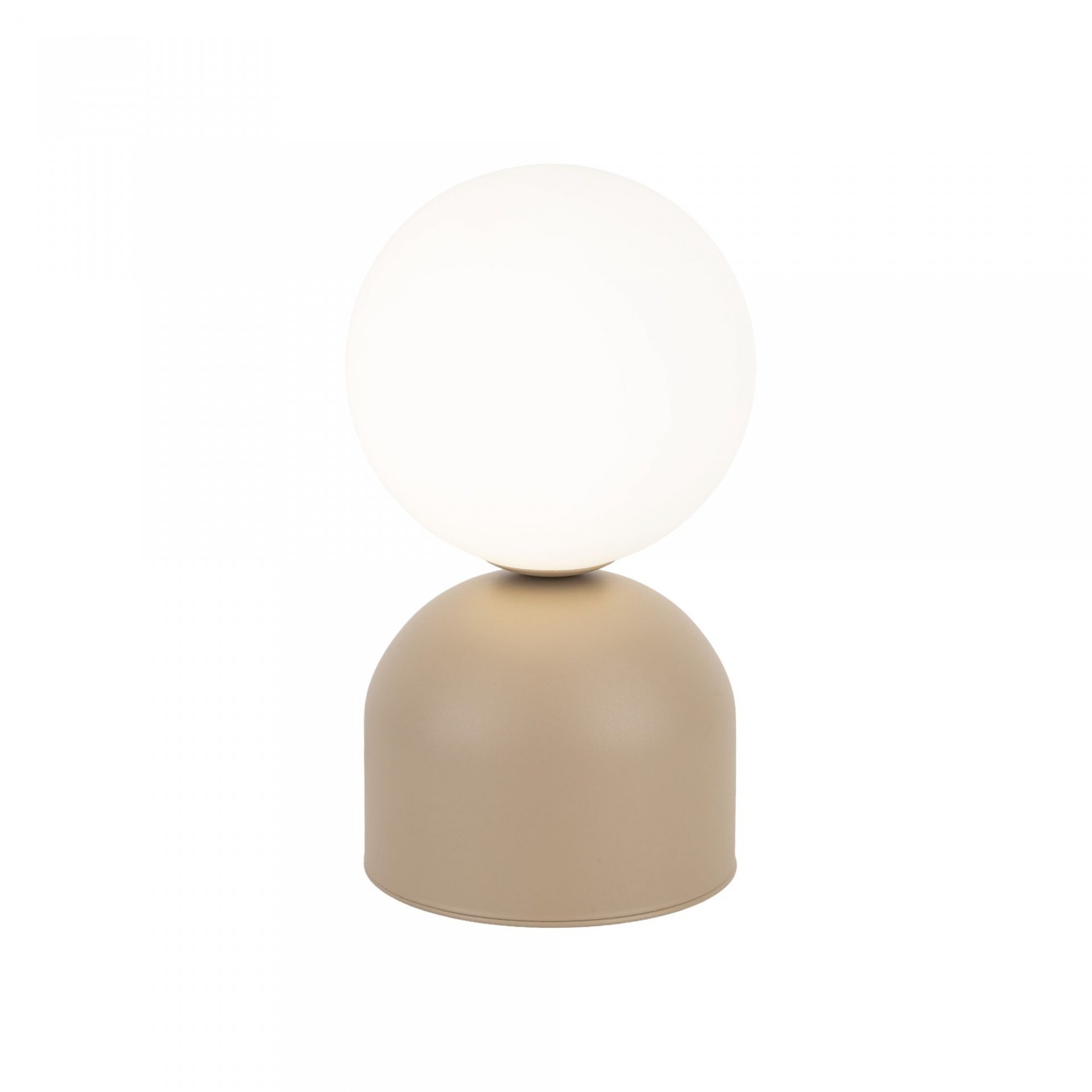 Na obrazie widoczna jest lampka nocna z białym, kulistym kloszem i beżową, cylindryczną podstawą. Lampka ma prosty, nowoczesny design.