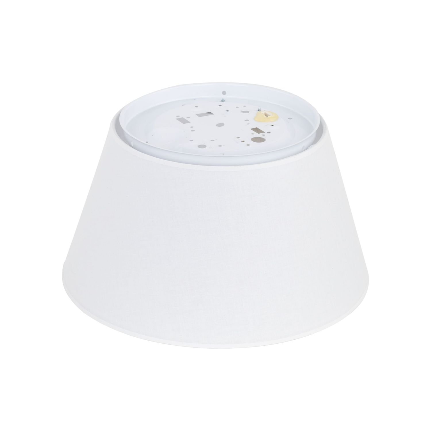 Biała lampa sufitowa o stożkowym kształcie z widocznym spodem, na którym znajdują się otwory montażowe. Lampa jest nowoczesna i przeznaczona do salonu lub sypialni.