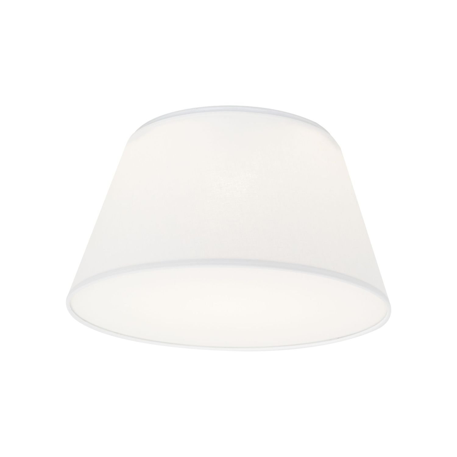 Biała lampa sufitowa o stożkowym kształcie, wykonana z materiału przepuszczającego światło. Lampa ma gładką powierzchnię i jest przeznaczona do montażu na suficie.