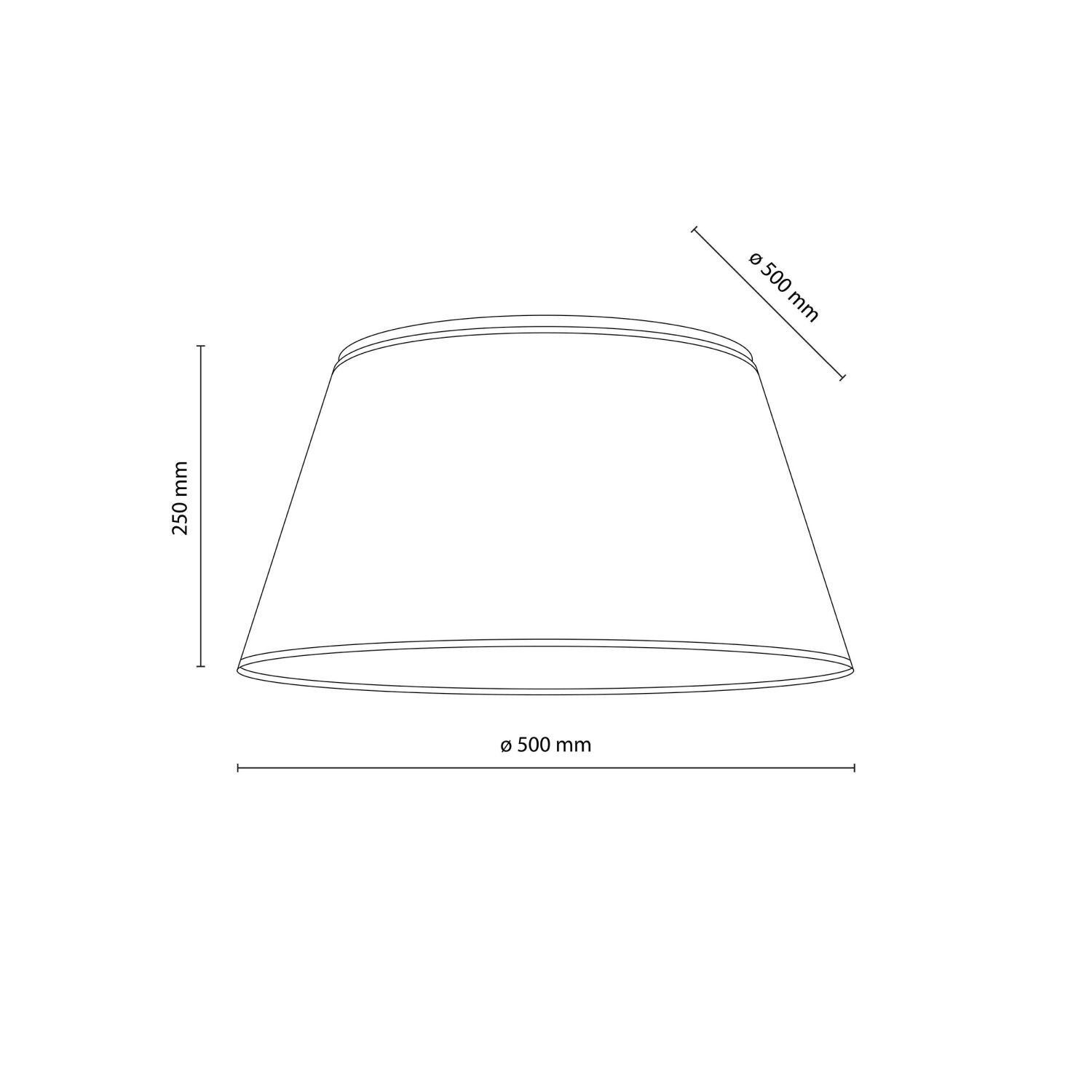Schematyczny rysunek klosza lampy o wysokości 250 mm i średnicy 500 mm. Widoczne są linie wymiarowe z oznaczeniami \'250 mm\' i \'ø 500 mm\'.