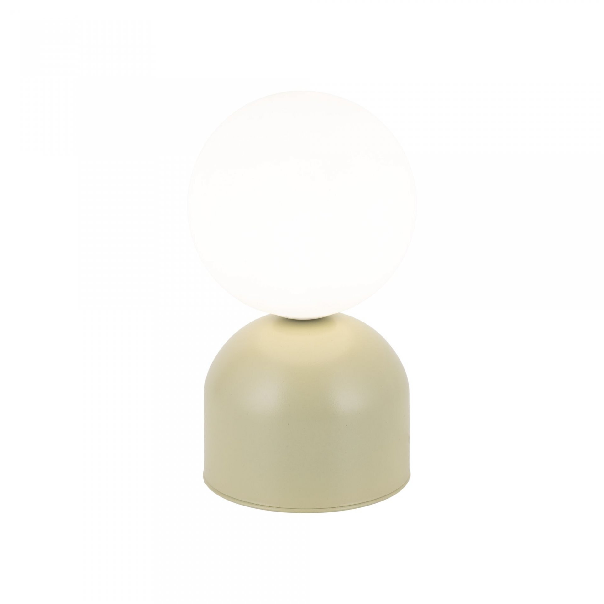 Lampka nocna o pistacjowym kolorze z metalową podstawą i kulistym kloszem. Produkt posiada włącznik na przewodzie.