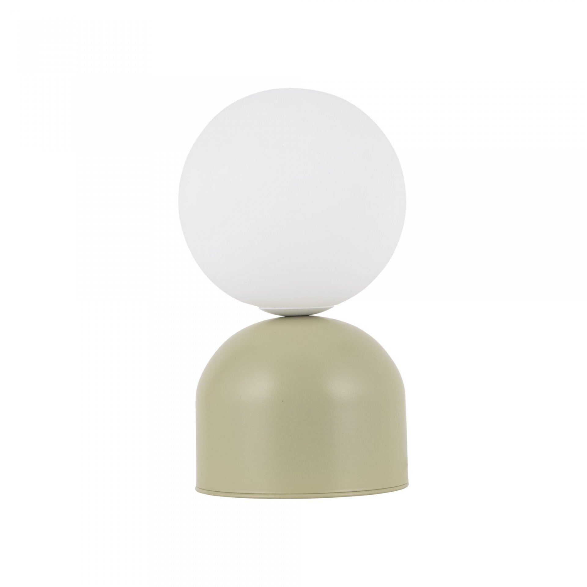 Lampka nocna stołowa z białym, kulistym kloszem i pistacjową, metalową podstawą. Produkt ma prosty, nowoczesny design.