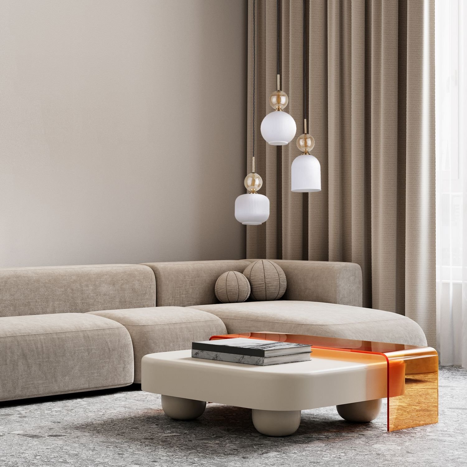 W eleganckim salonie znajduje się narożna sofa w kolorze beżowym oraz niski stolik z pomarańczowym elementem. Nad sofą wiszą trzy lampy sufitowe o białych kloszach i złotych detalach.
