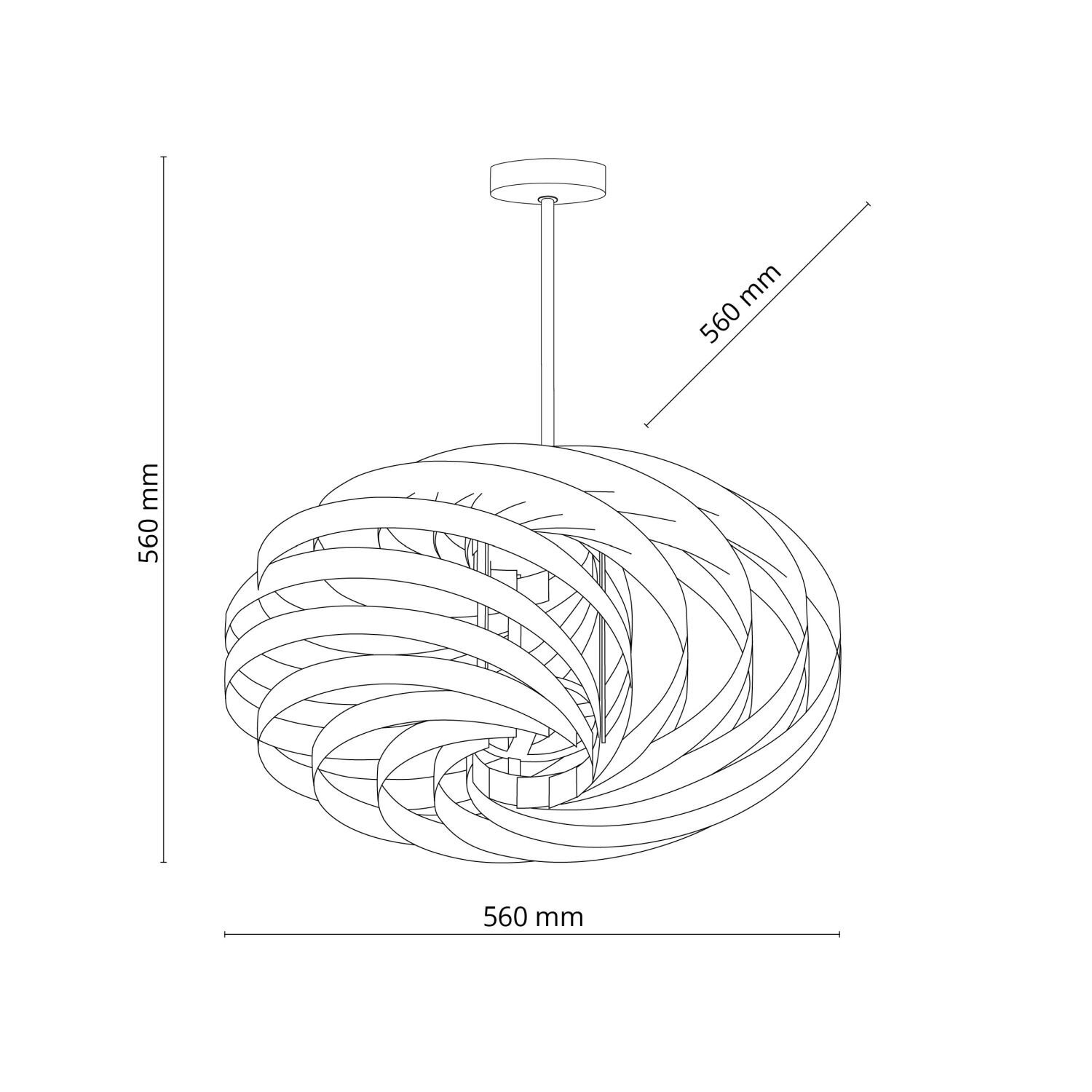 Schematyczny rysunek lampy sufitowej o wymiarach 560 mm x 560 mm. Lampa ma nowoczesny, spiralny design z metalowymi elementami.