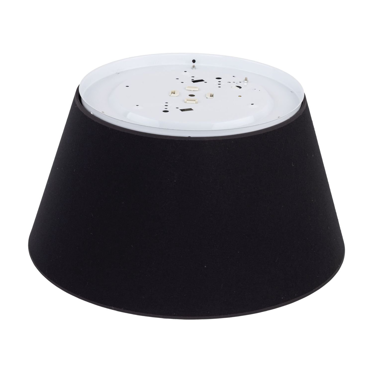 Czarna, stożkowa lampa sufitowa z białym elementem montażowym na górze. Lampa ma nowoczesny design i jest przeznaczona do montażu na suficie.