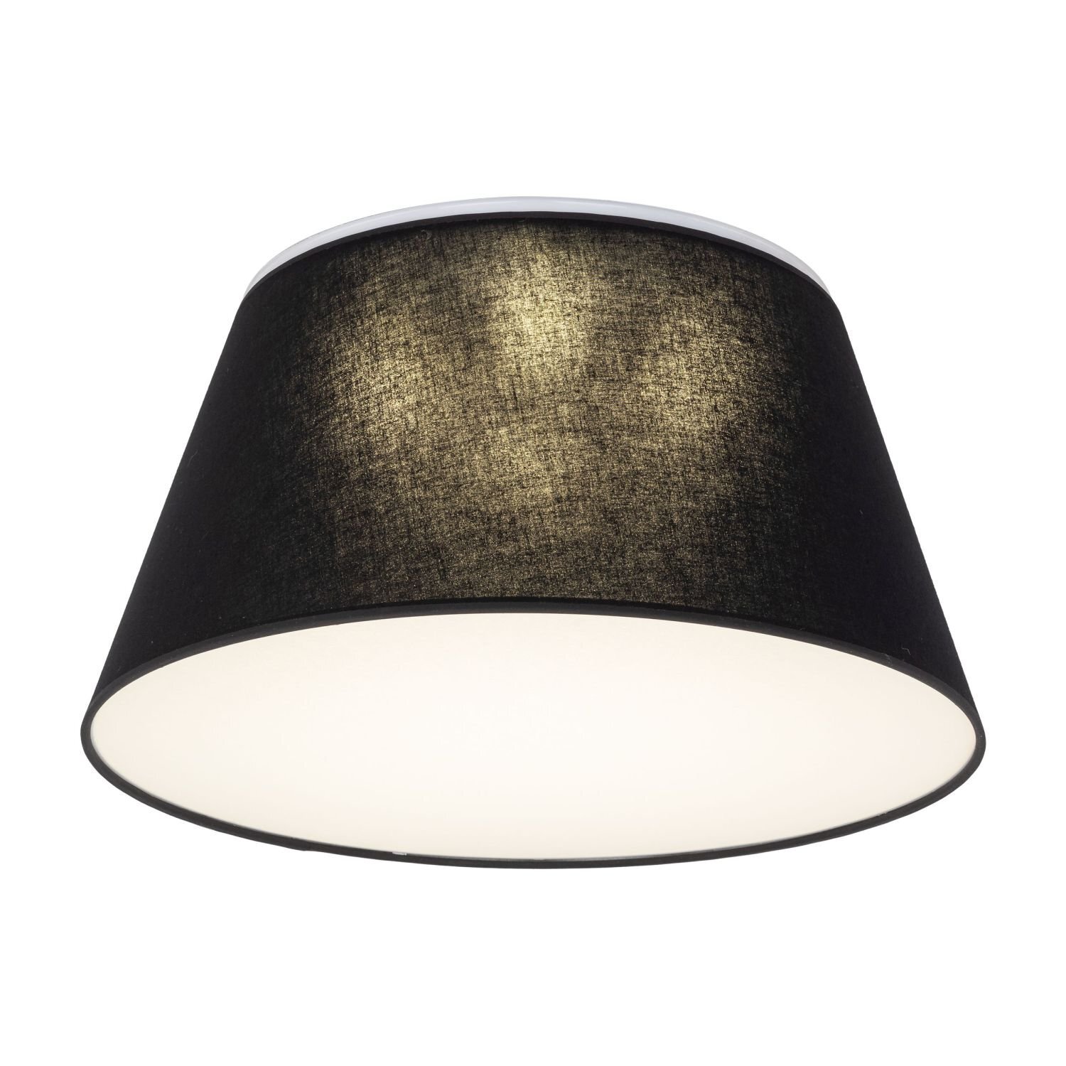 Czarna lampa sufitowa o stożkowym kształcie z białym wnętrzem klosza. Lampa ma nowoczesny design i jest przeznaczona do montażu w salonie.
