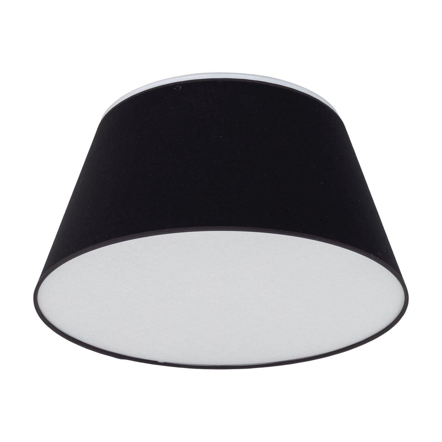 Czarna lampa sufitowa o stożkowym kształcie z białym spodem. Lampa ma nowoczesny design i jest przeznaczona do salonu.