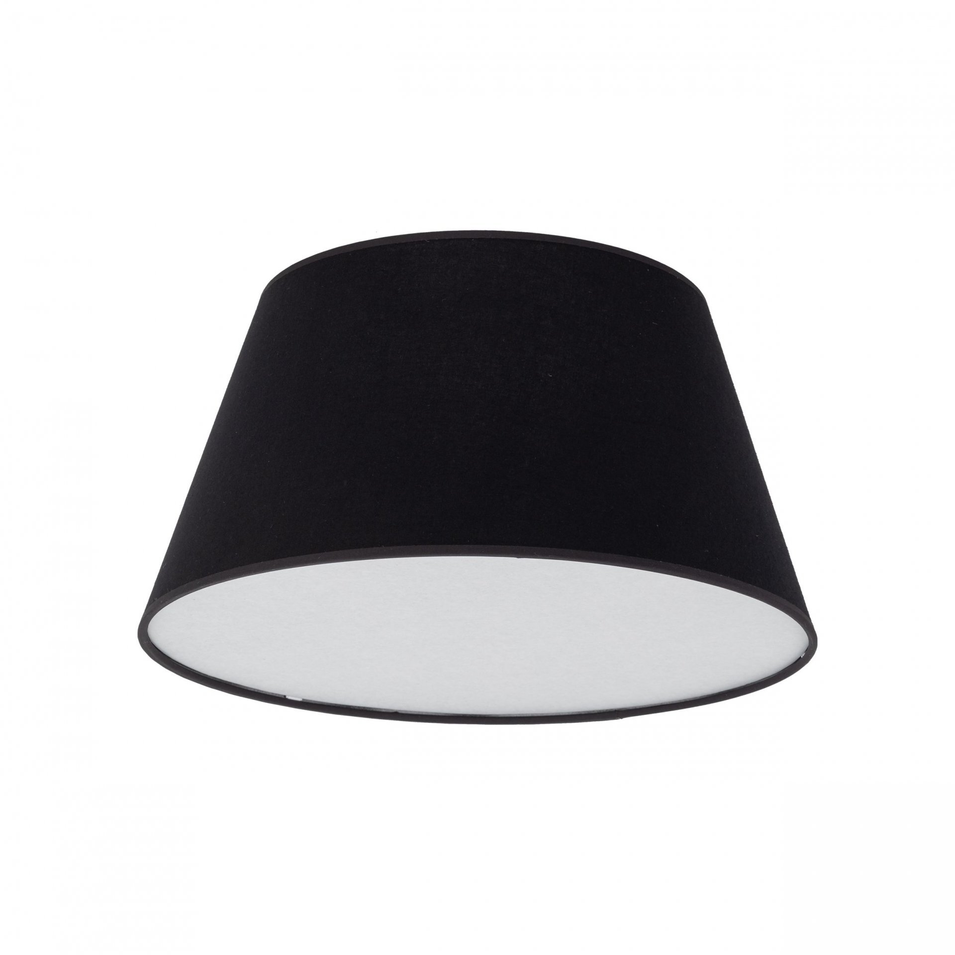 Czarno-biała lampa sufitowa o stożkowym kształcie z białym wnętrzem klosza. Lampa ma nowoczesny design i jest przeznaczona do montażu na suficie.