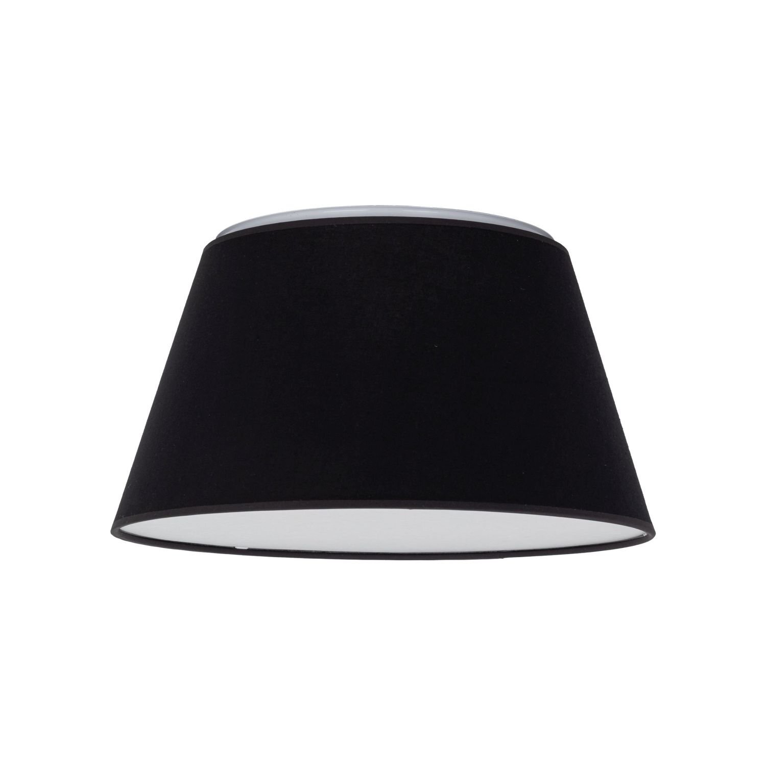 Czarno-biała lampa sufitowa o stożkowym kształcie z białym wnętrzem klosza. Lampa ma prosty, nowoczesny design.