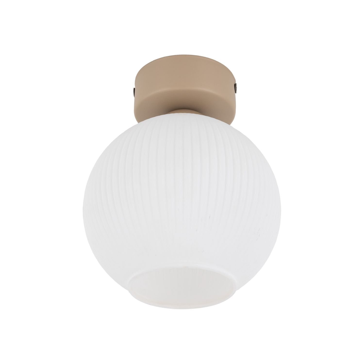 Biała, metalowa lampa sufitowa z okrągłym kloszem o żebrowanej fakturze, zamontowana na beżowej podstawie. Nowoczesny design, przeznaczona na jedną żarówkę typu E14.