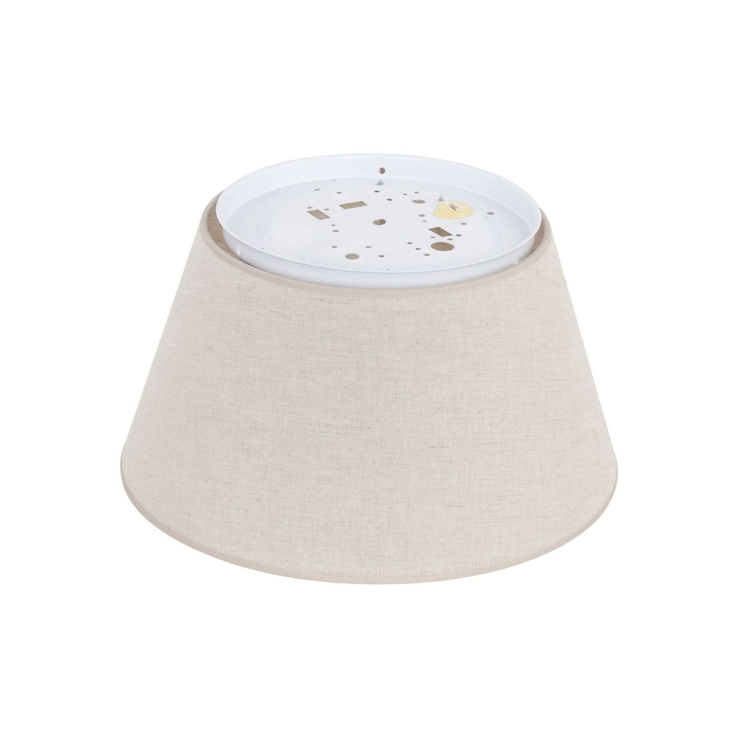 Lampa sufitowa plafon o stożkowym kształcie, wykonana z beżowego materiału tekstylnego. Górna część lampy jest biała z otworami w różnych kształtach.