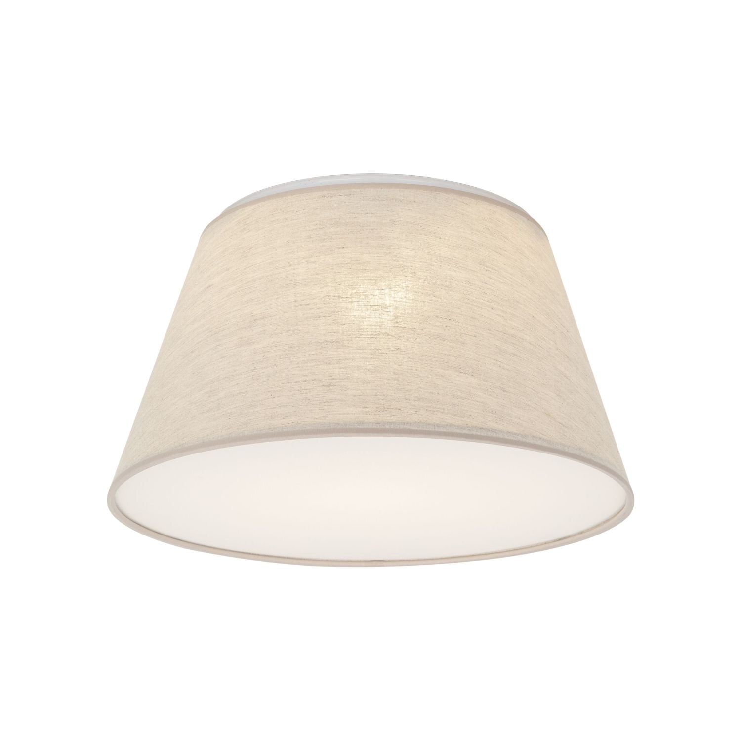 Na obrazie widoczna jest lampa sufitowa o stożkowym kształcie, wykonana z beżowego materiału tekstylnego. Dolna część lampy jest biała i przepuszcza światło.