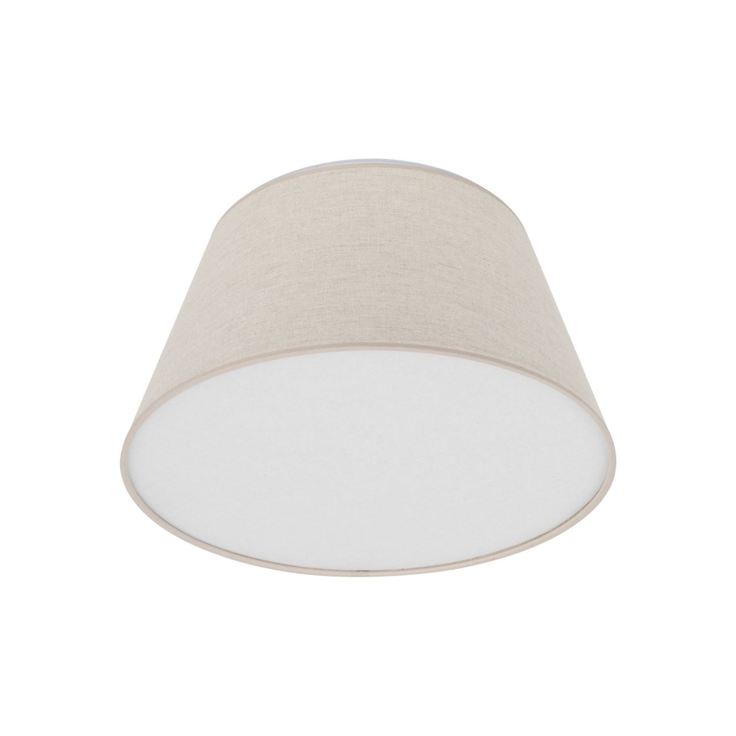 Lampa sufitowa w kształcie walca, wykonana z beżowego materiału z białym spodem. Przeznaczona do montażu na suficie.