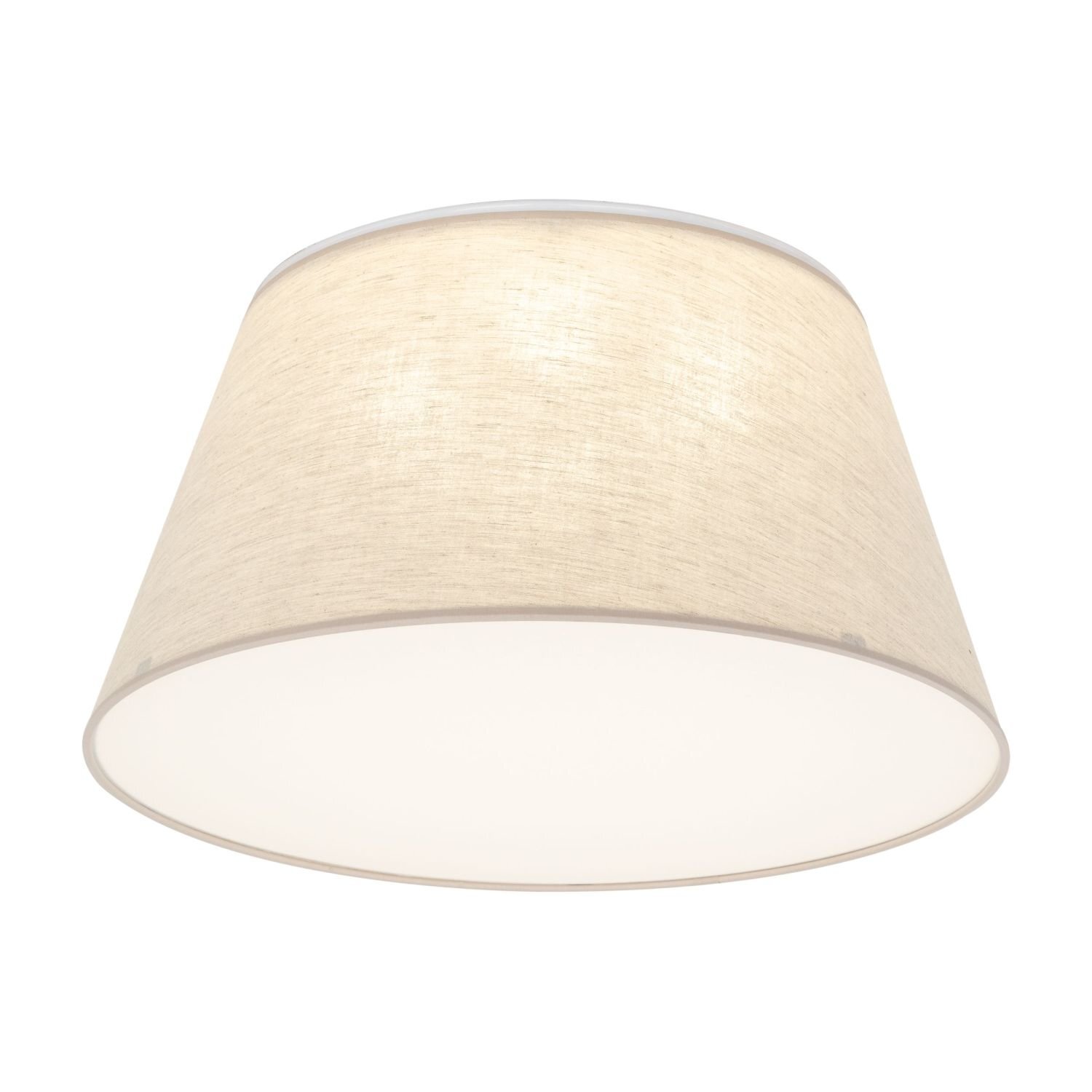 Lampa sufitowa z beżowo-białym, lnianym kloszem o nowoczesnym designie. Klosz ma kształt ściętego stożka i jest przeznaczony na cztery żarówki typu E27.