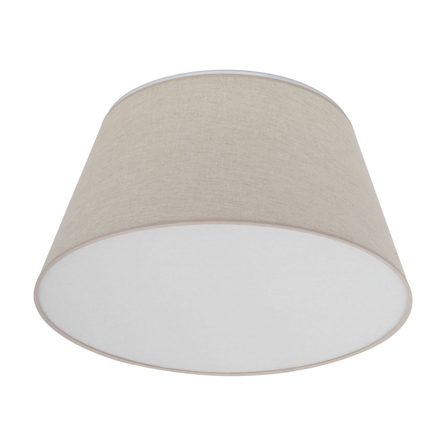 Lampa sufitowa z beżowo-białym, lnianym kloszem o cylindrycznym kształcie. Klosz jest prosty i nowoczesny, przeznaczony do montażu na suficie.