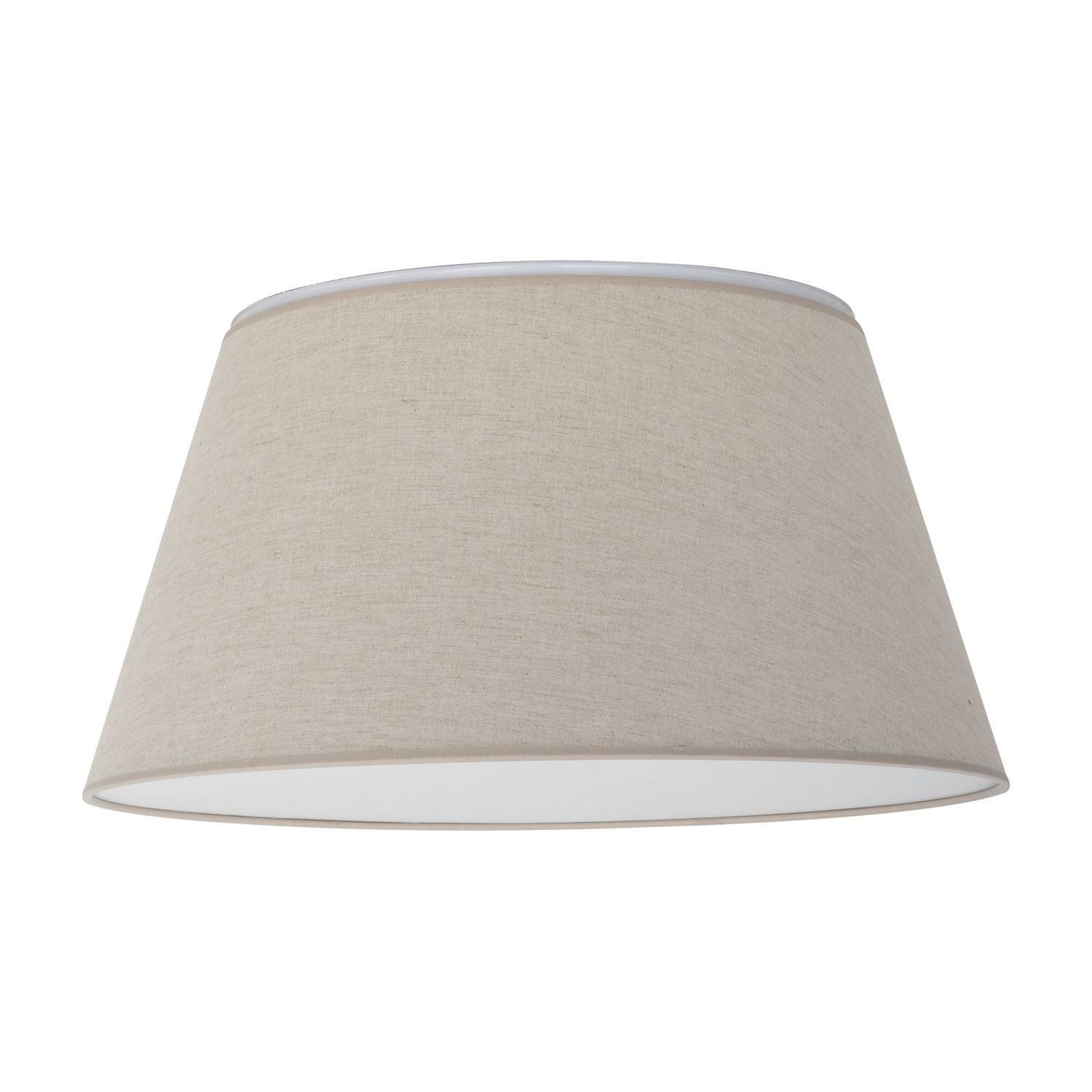 Lampa sufitowa z beżowo-białym, lnianym kloszem o nowoczesnym designie. Klosz ma kształt stożka i jest przeznaczony na cztery żarówki typu E27.