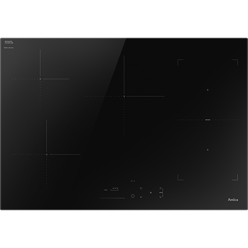 Czarna płyta indukcyjna z czterema polami grzewczymi i dotykowym panelem sterowania. Widoczne logo: Amica.