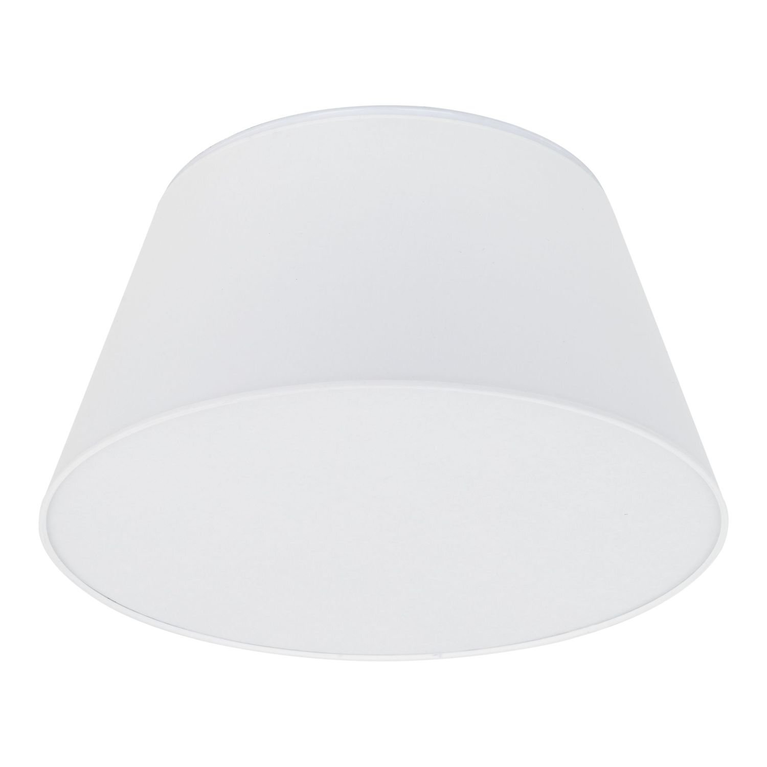 Biała, cylindryczna lampa sufitowa o gładkiej powierzchni. Wykonana z lakierowanej stali.