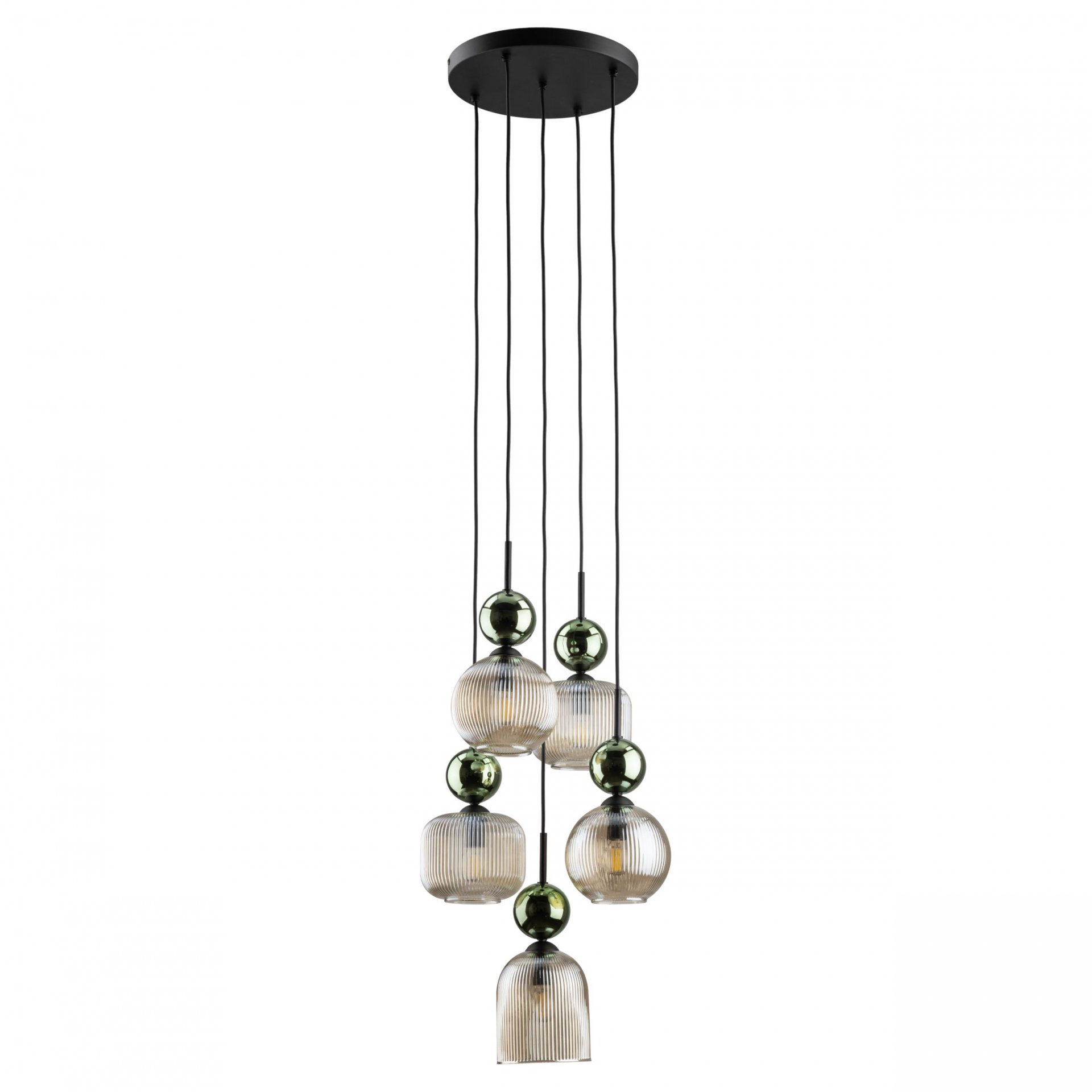 Lampa wisząca z pięcioma szklanymi kloszami w kolorze bursztynowym, zawieszona na czarnych przewodach. Klosze mają zielone elementy dekoracyjne i są zamocowane na okrągłej, czarnej podstawie sufitowej.