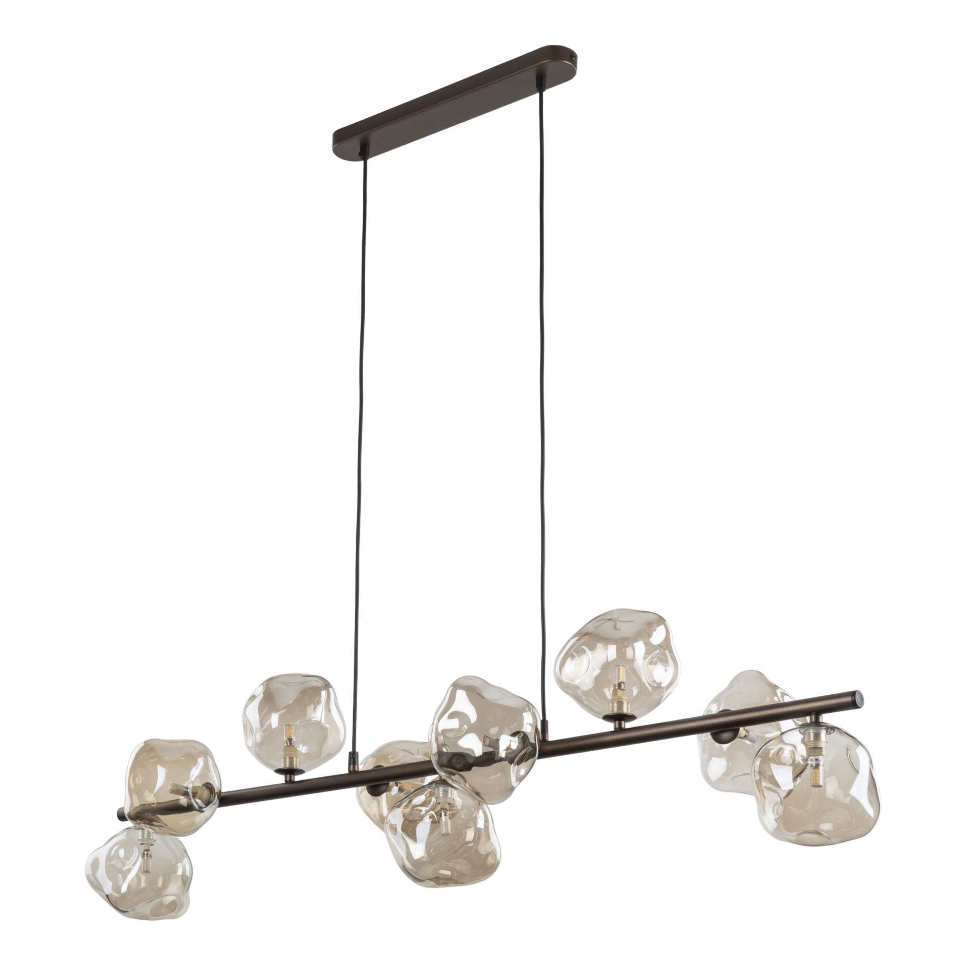 Lampa wisząca z dziewięcioma kloszami z bursztynowego szkła, zamontowana na poziomej belce. Klosze mają nieregularny kształt, a całość jest zawieszona na dwóch cienkich przewodach.
