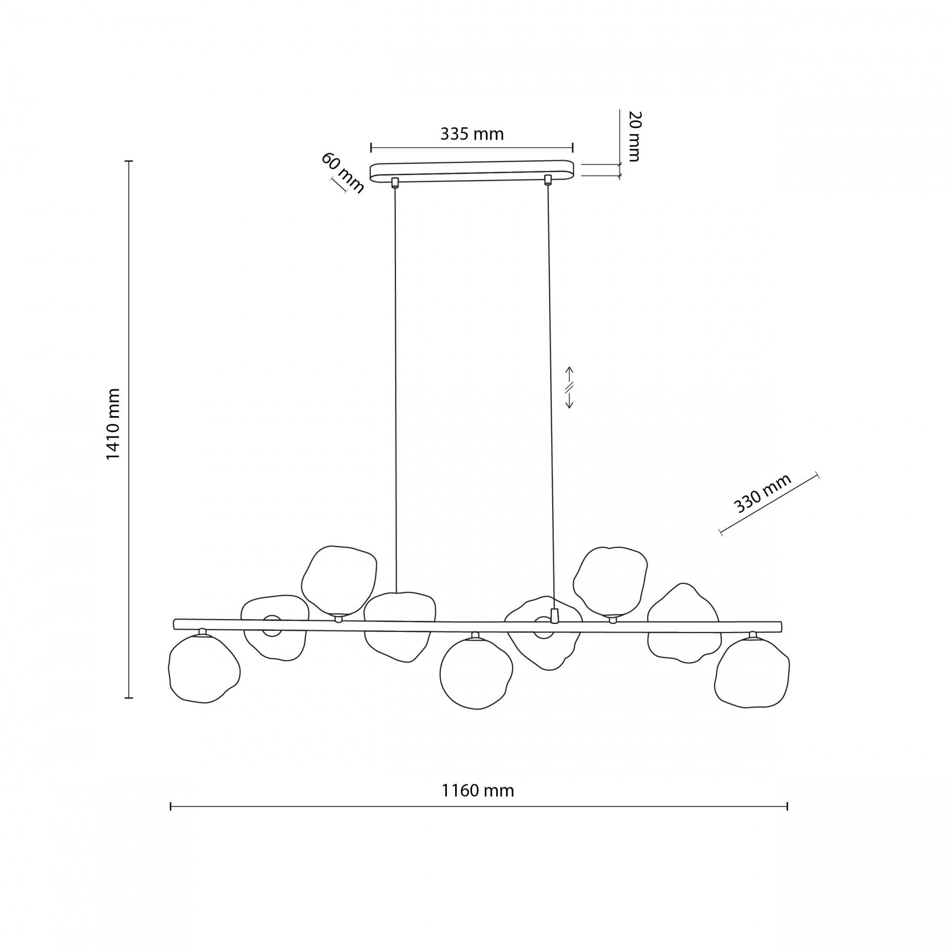 Schemat techniczny lampy wiszącej z wymiarami: wysokość 1410 mm, szerokość 1160 mm, głębokość 330 mm. Widoczne są elementy montażowe i kształty kloszy.