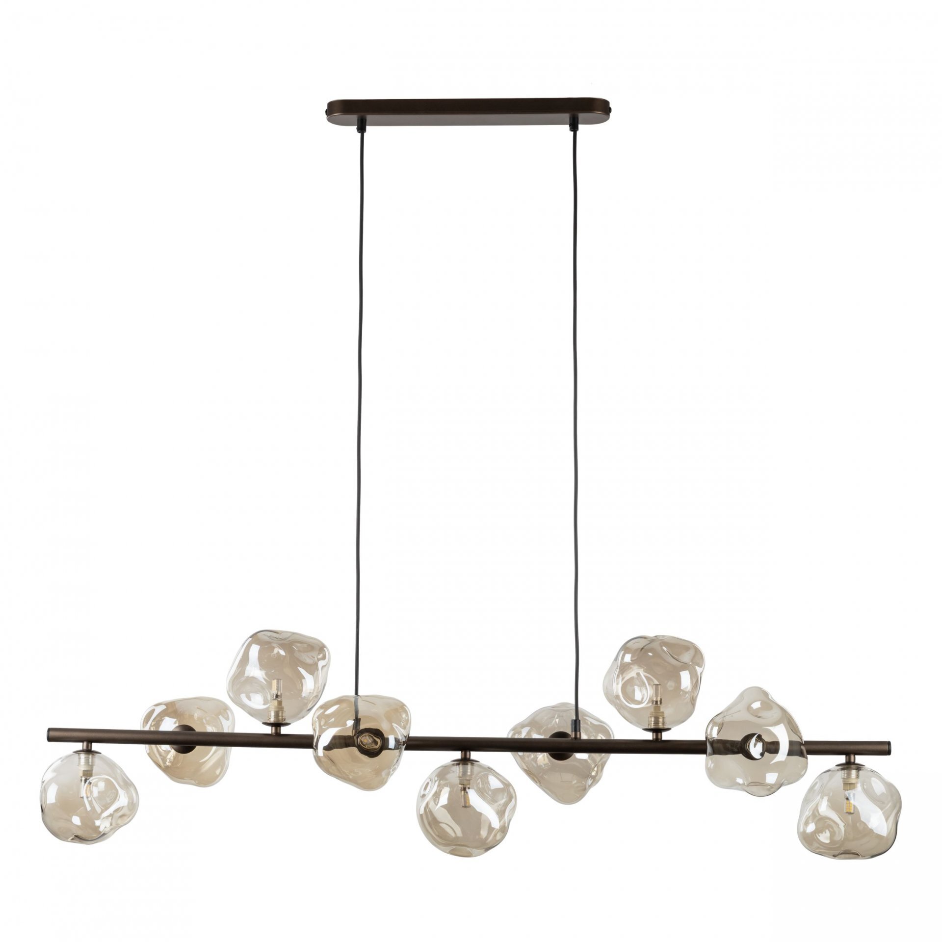 Lampa wisząca z dziewięcioma bursztynowymi kloszami o nieregularnym kształcie, zamocowana na metalowej belce. Konstrukcja zawieszona na dwóch cienkich przewodach, z prostokątną podsufitką.